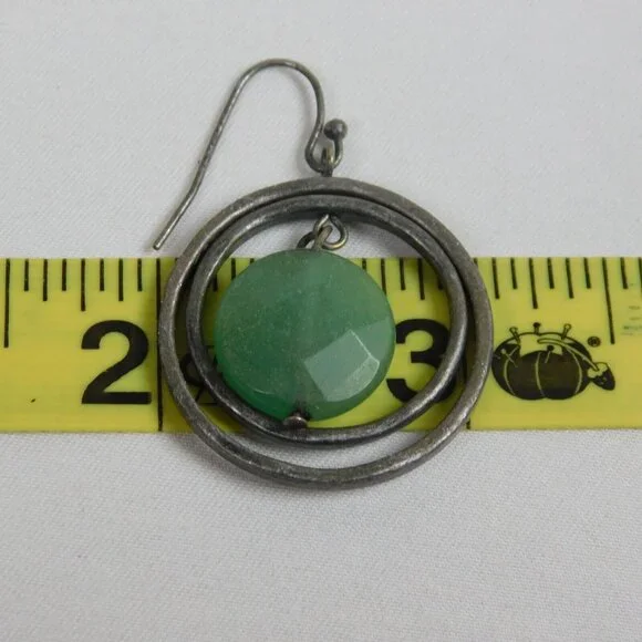 Silver Tone Double Ring Green Bead Dangle Fashion Earrings 1" Diameter Round - Picture 9 of 9